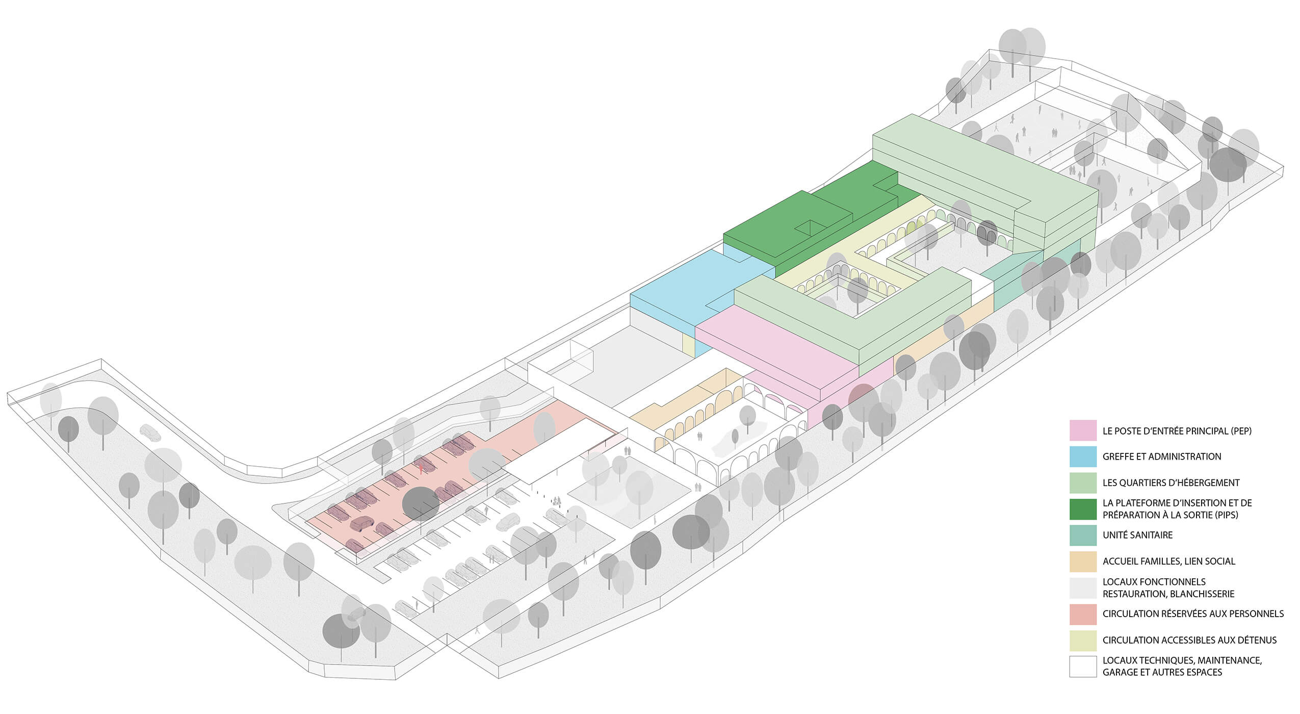 Une structure d’accompagnement vers la sortie axonometrie-programmatique-couleur